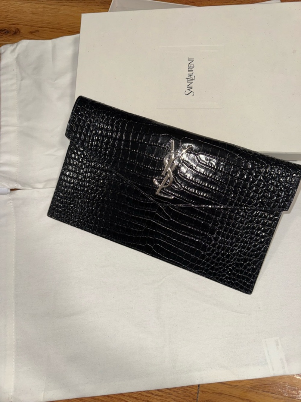 Saint Laurent Black Croc-Embossed YSL Logo Envelope Clutch